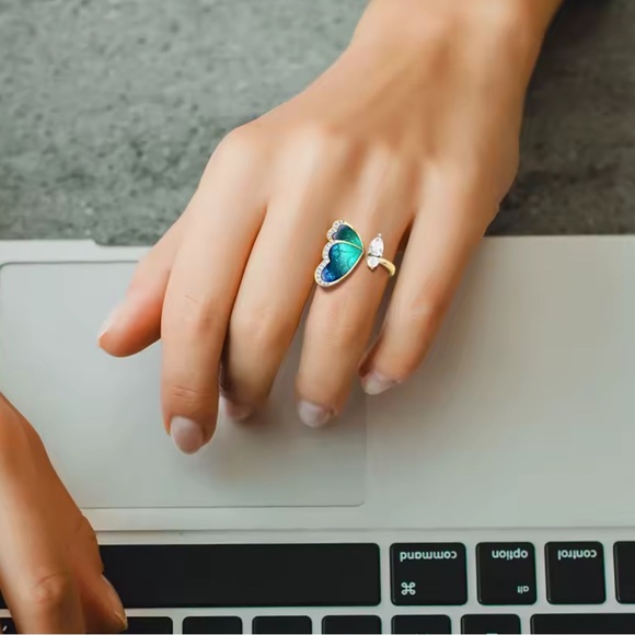Anthropologie Gold Ring with Blue and White Butterfly Design - Picture 2 of 7